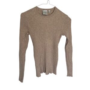 Beige Ribbed Knit Long-sleeve in Oatmeal Beige